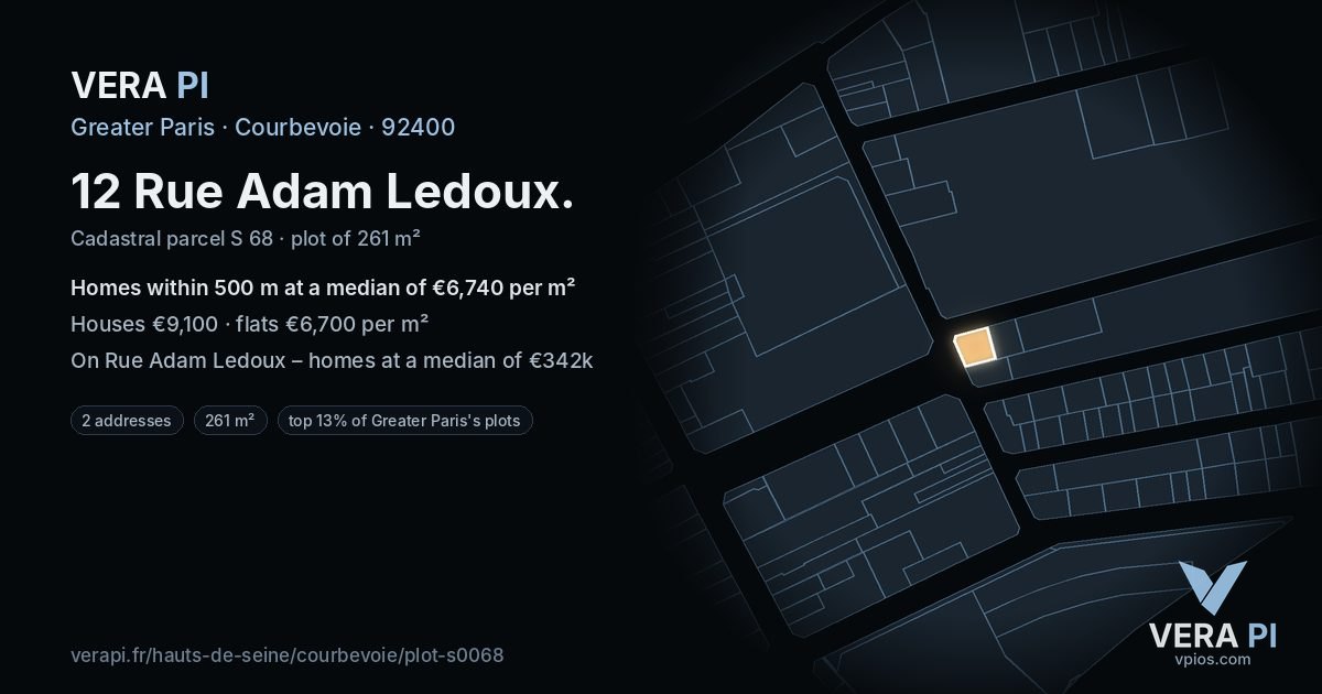 12 Rue Adam Ledoux, Courbevoie at night – the plot lit, the parcels around coloured by the prices near them