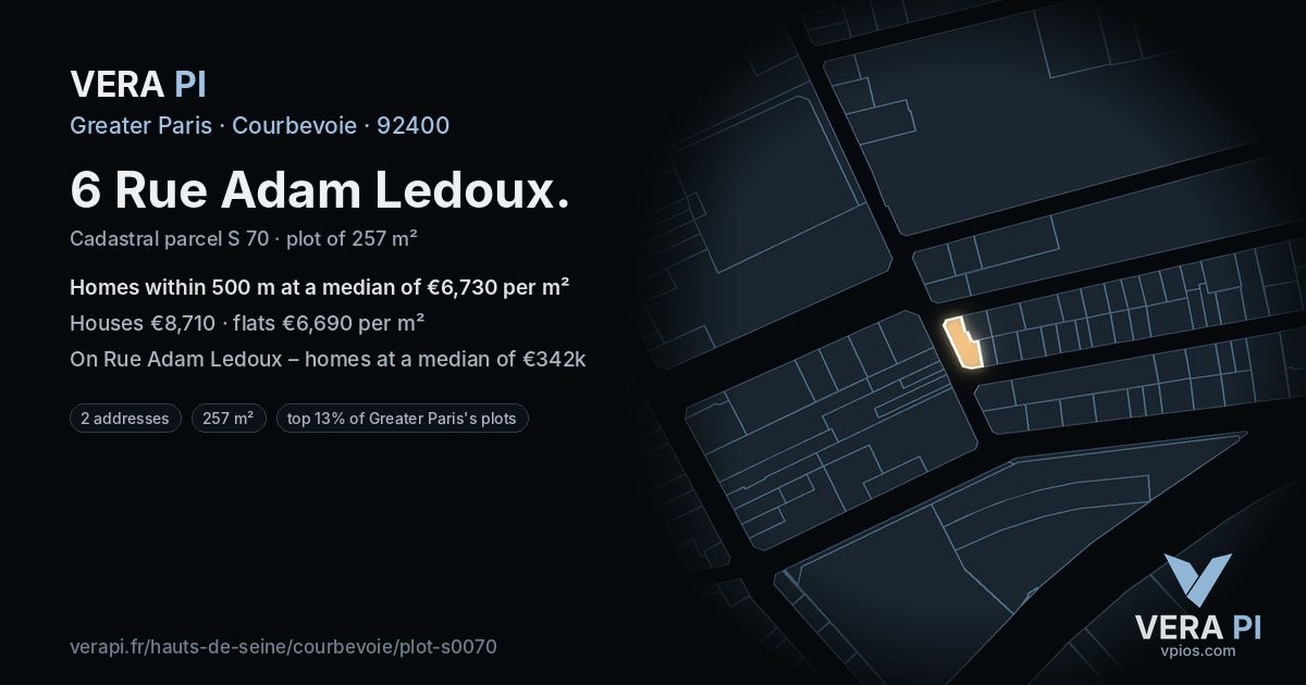 6 Rue Adam Ledoux, Courbevoie at night – the plot lit, the parcels around coloured by the prices near them