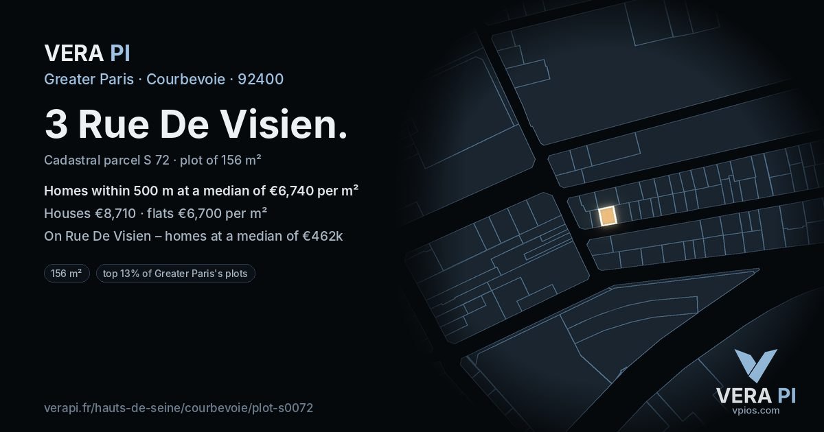 3 Rue De Visien, Courbevoie at night – the plot lit, the parcels around coloured by the prices near them