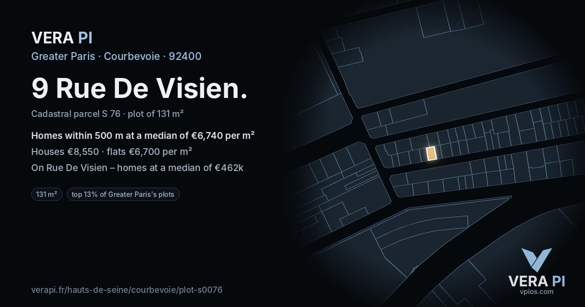 9 Rue De Visien, Courbevoie at night – the plot lit, the parcels around coloured by the prices near them