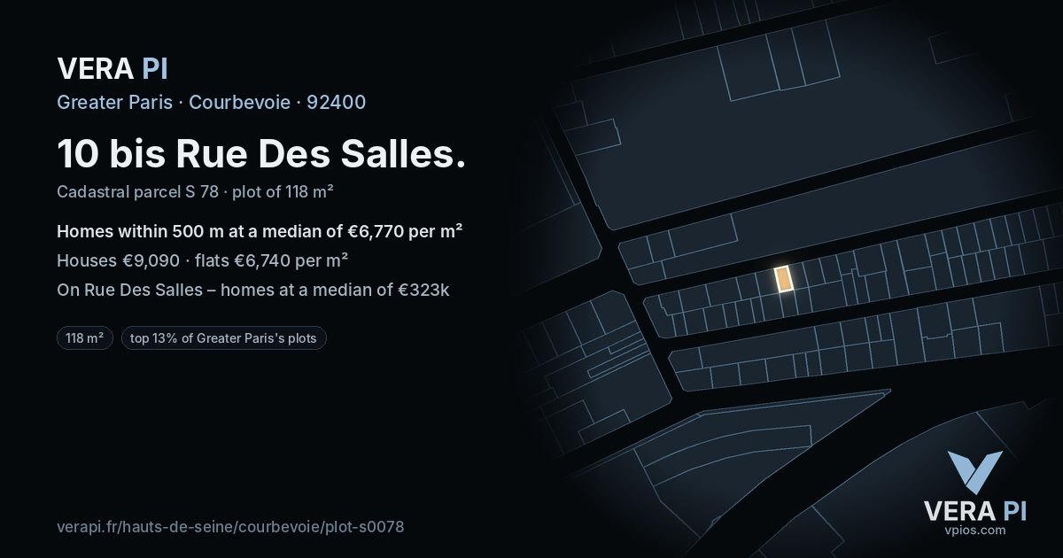 10 bis Rue Des Salles, Courbevoie at night – the plot lit, the parcels around coloured by the prices near them