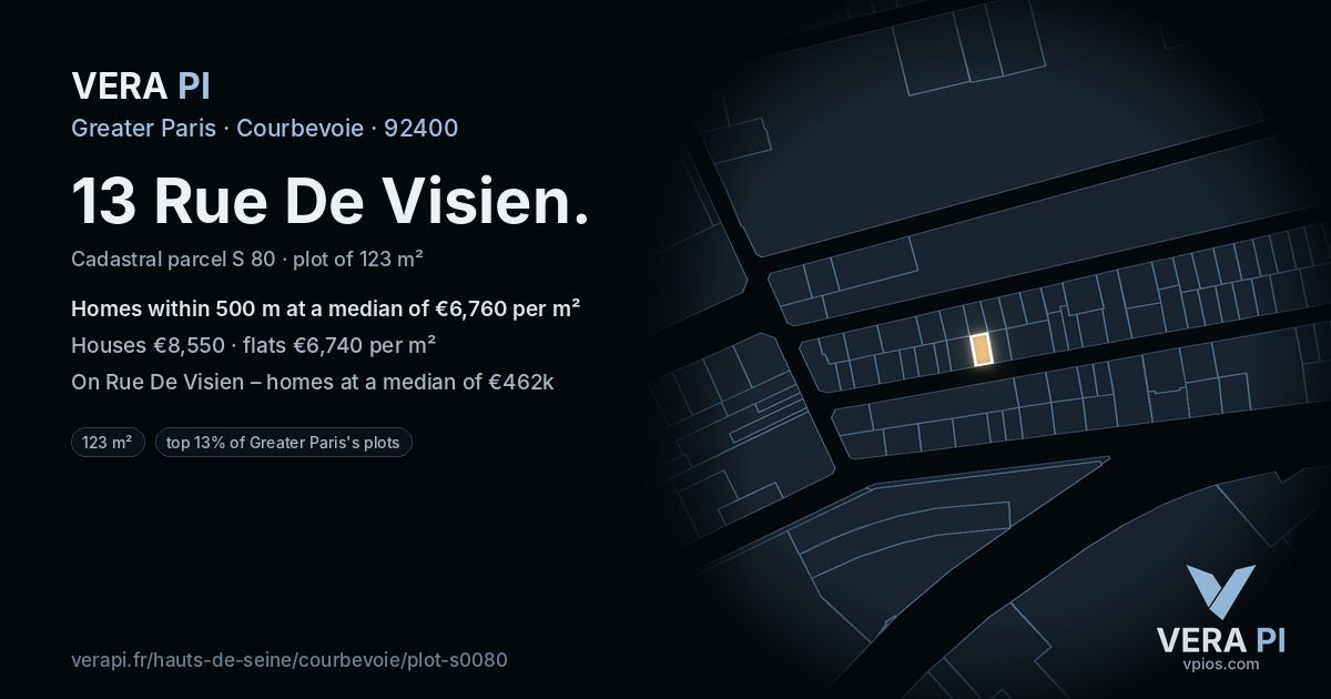 13 Rue De Visien, Courbevoie at night – the plot lit, the parcels around coloured by the prices near them
