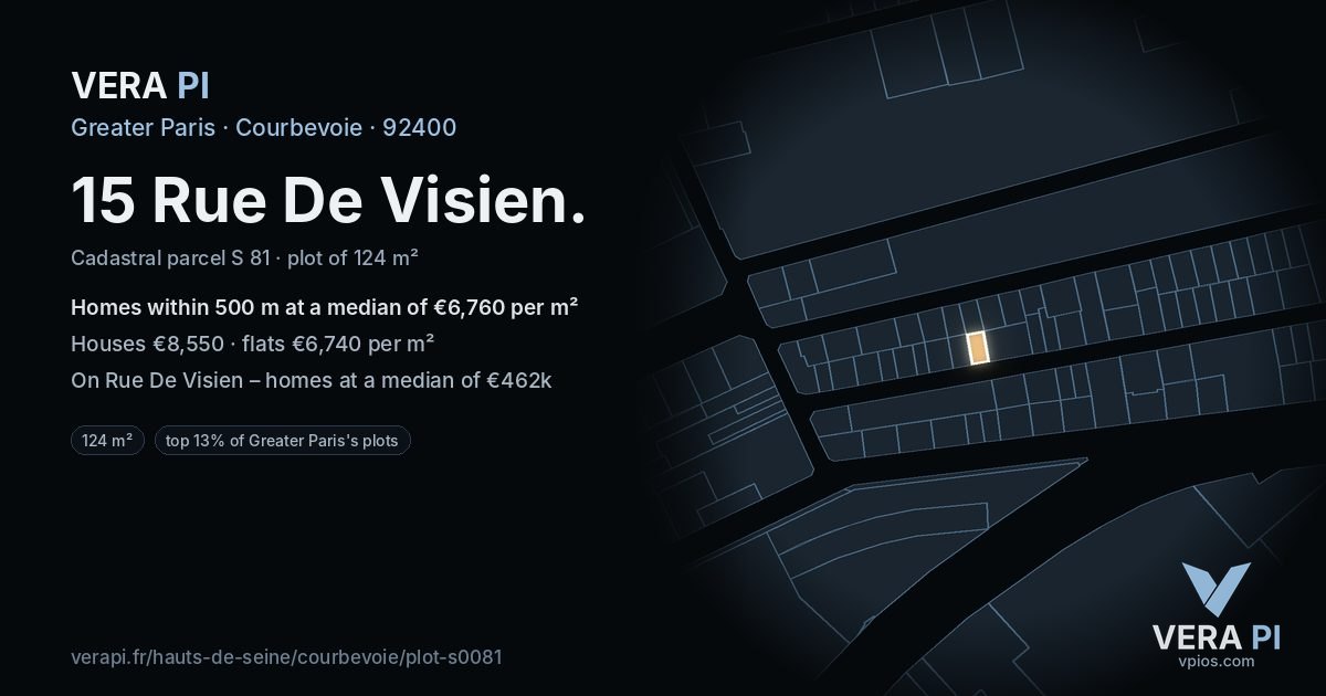 15 Rue De Visien, Courbevoie at night – the plot lit, the parcels around coloured by the prices near them