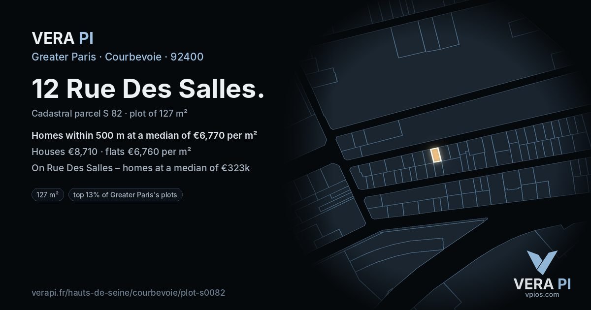 12 Rue Des Salles, Courbevoie at night – the plot lit, the parcels around coloured by the prices near them