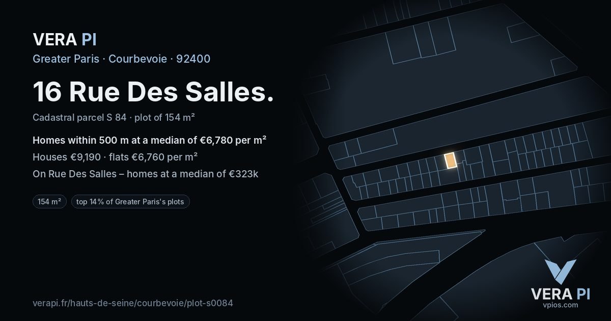 16 Rue Des Salles, Courbevoie at night – the plot lit, the parcels around coloured by the prices near them