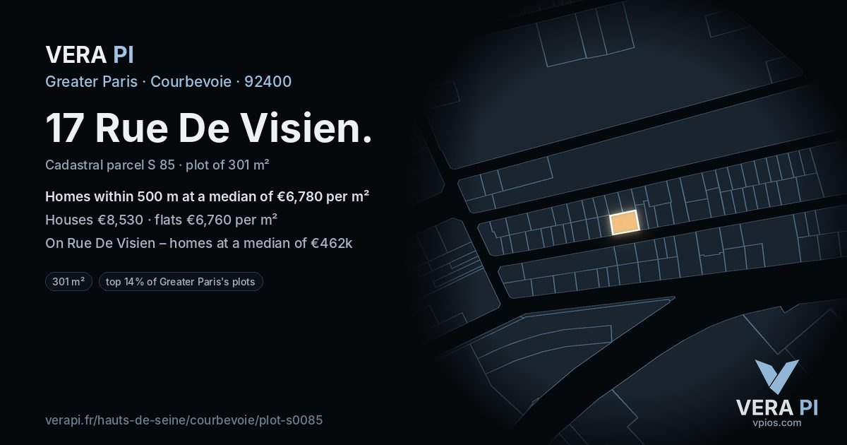 17 Rue De Visien, Courbevoie at night – the plot lit, the parcels around coloured by the prices near them