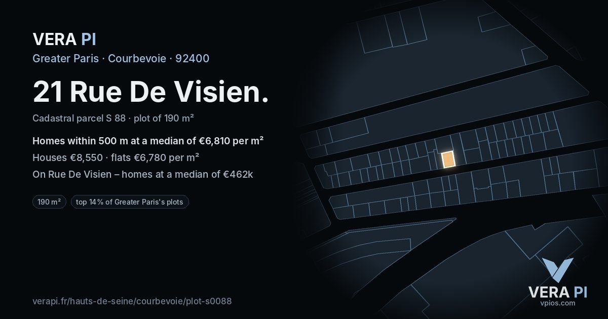 21 Rue De Visien, Courbevoie at night – the plot lit, the parcels around coloured by the prices near them