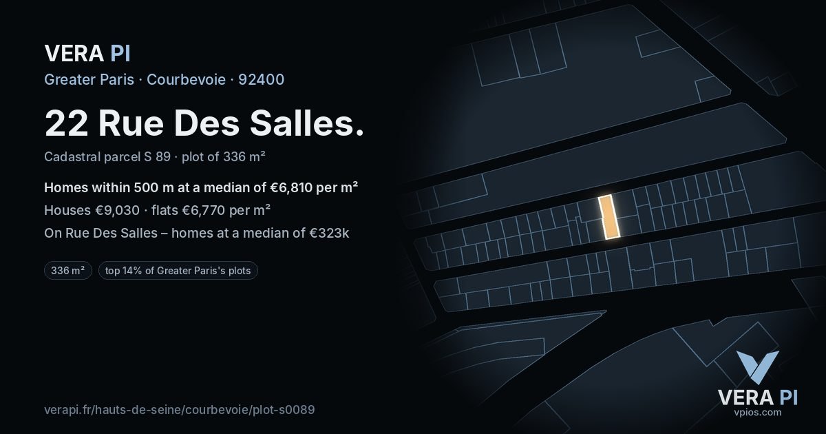 22 Rue Des Salles, Courbevoie at night – the plot lit, the parcels around coloured by the prices near them