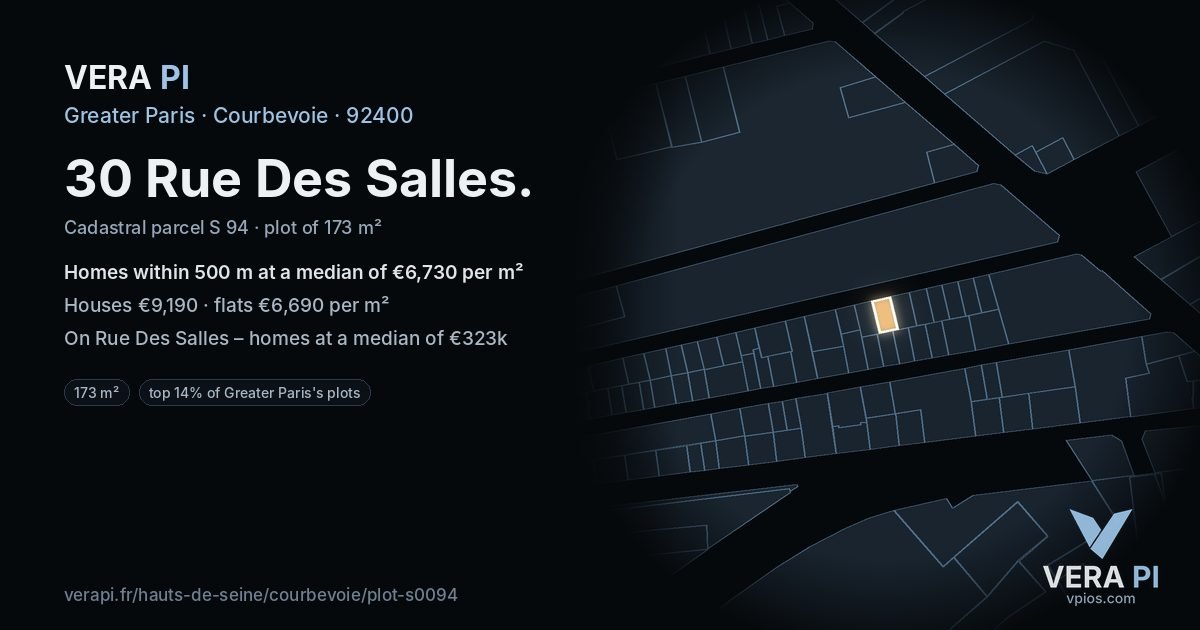 30 Rue Des Salles, Courbevoie at night – the plot lit, the parcels around coloured by the prices near them