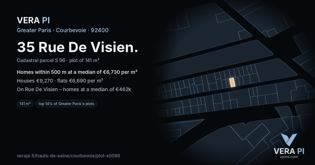 35 Rue De Visien, Courbevoie at night – the plot lit, the parcels around coloured by the prices near them