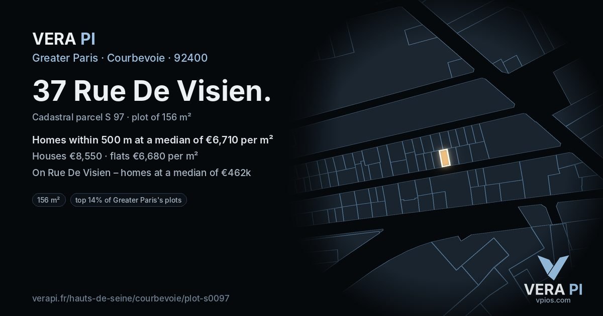 37 Rue De Visien, Courbevoie at night – the plot lit, the parcels around coloured by the prices near them