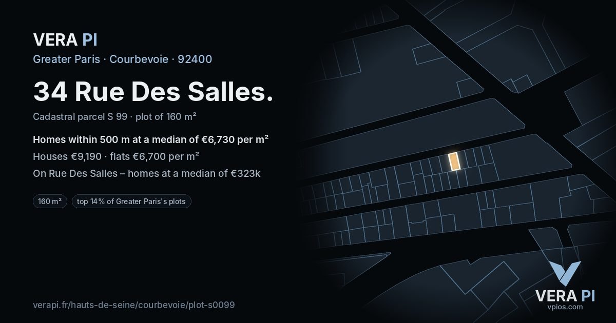 34 Rue Des Salles, Courbevoie at night – the plot lit, the parcels around coloured by the prices near them
