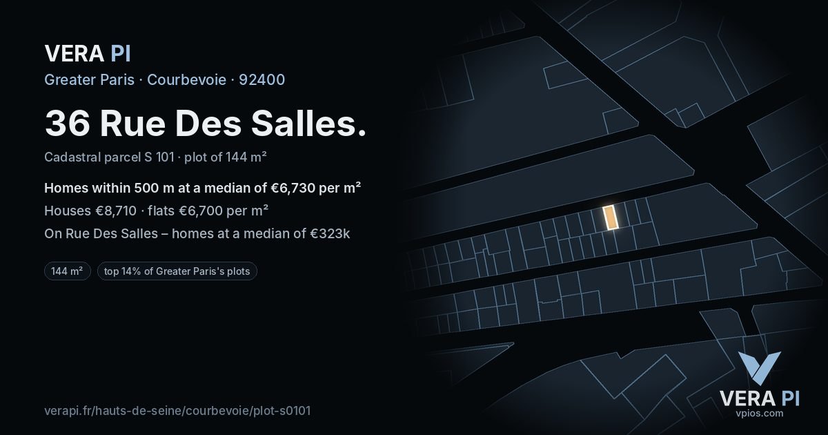 36 Rue Des Salles, Courbevoie at night – the plot lit, the parcels around coloured by the prices near them
