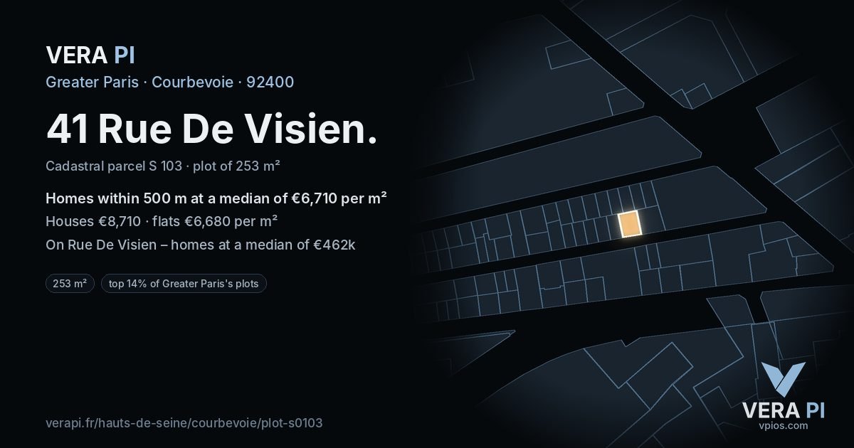 41 Rue De Visien, Courbevoie at night – the plot lit, the parcels around coloured by the prices near them