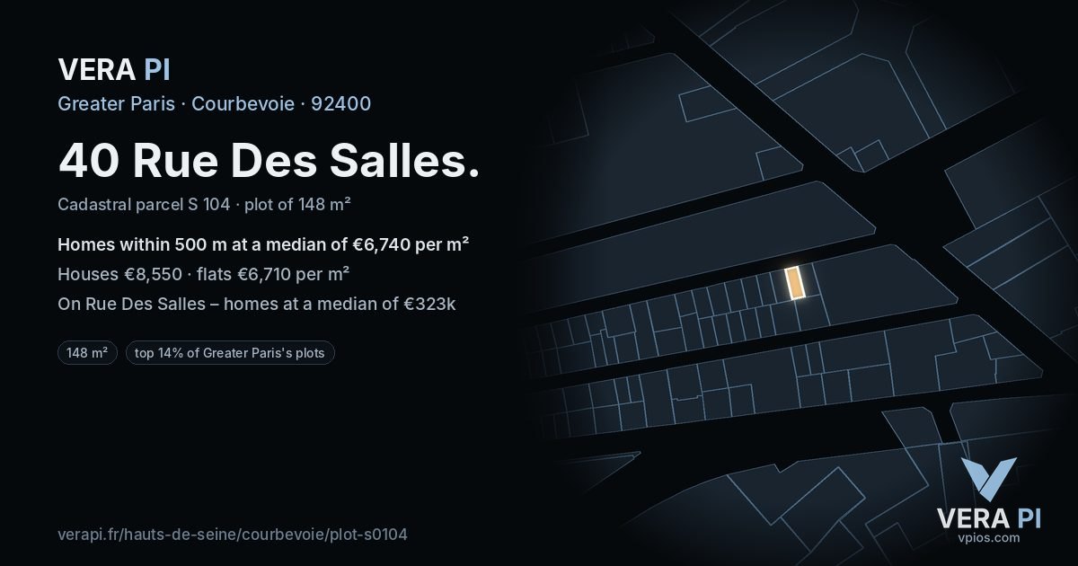 40 Rue Des Salles, Courbevoie at night – the plot lit, the parcels around coloured by the prices near them