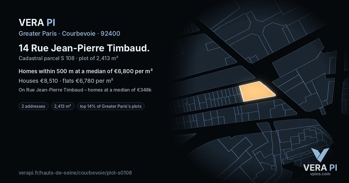 14 Rue Jean-Pierre Timbaud, Courbevoie at night – the plot lit, the parcels around coloured by the prices near them