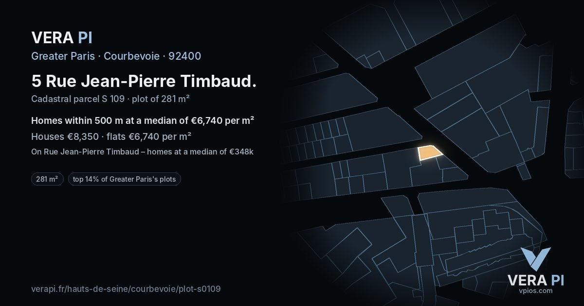 5 Rue Jean-Pierre Timbaud, Courbevoie at night – the plot lit, the parcels around coloured by the prices near them