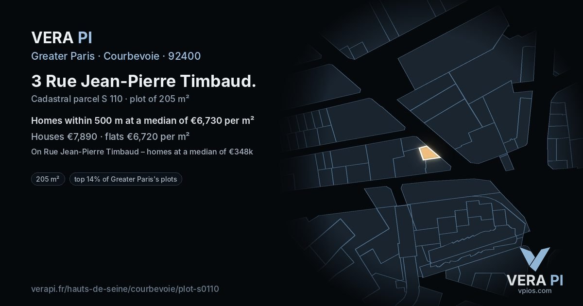 3 Rue Jean-Pierre Timbaud, Courbevoie at night – the plot lit, the parcels around coloured by the prices near them
