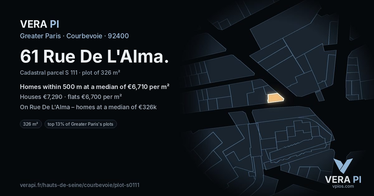 61 Rue De L'Alma, Courbevoie at night – the plot lit, the parcels around coloured by the prices near them