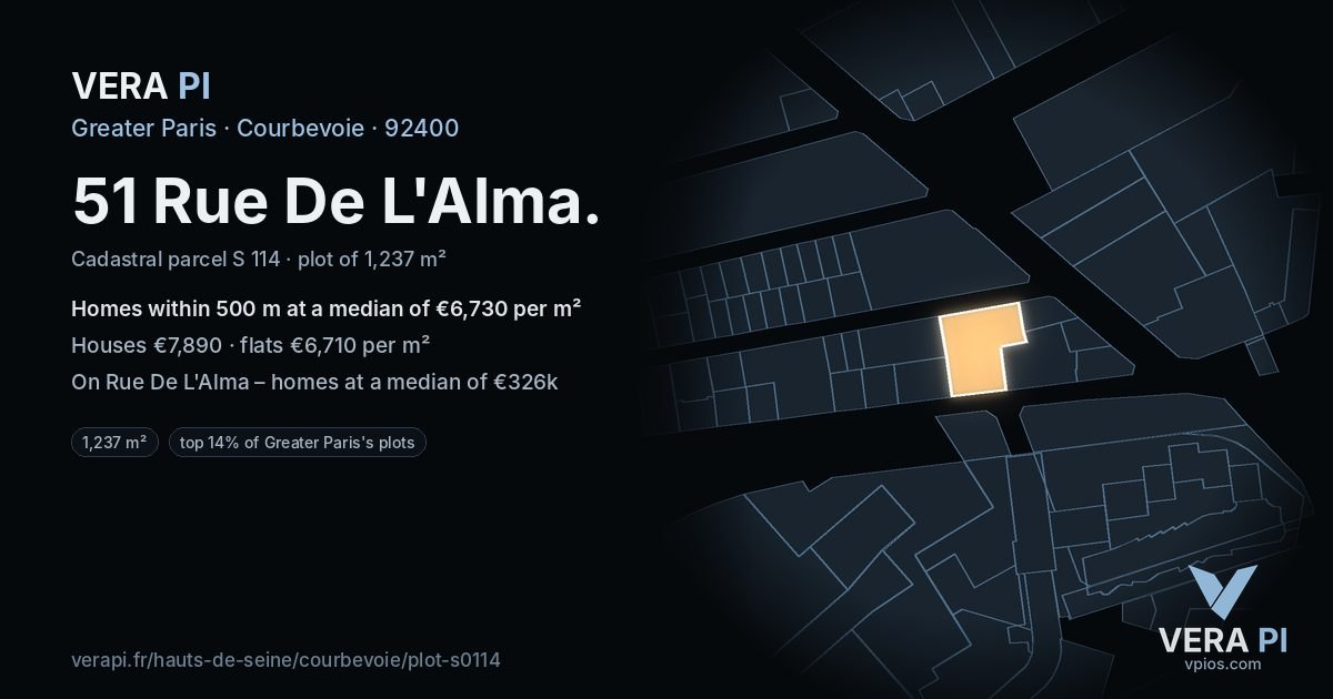 51 Rue De L'Alma, Courbevoie at night – the plot lit, the parcels around coloured by the prices near them