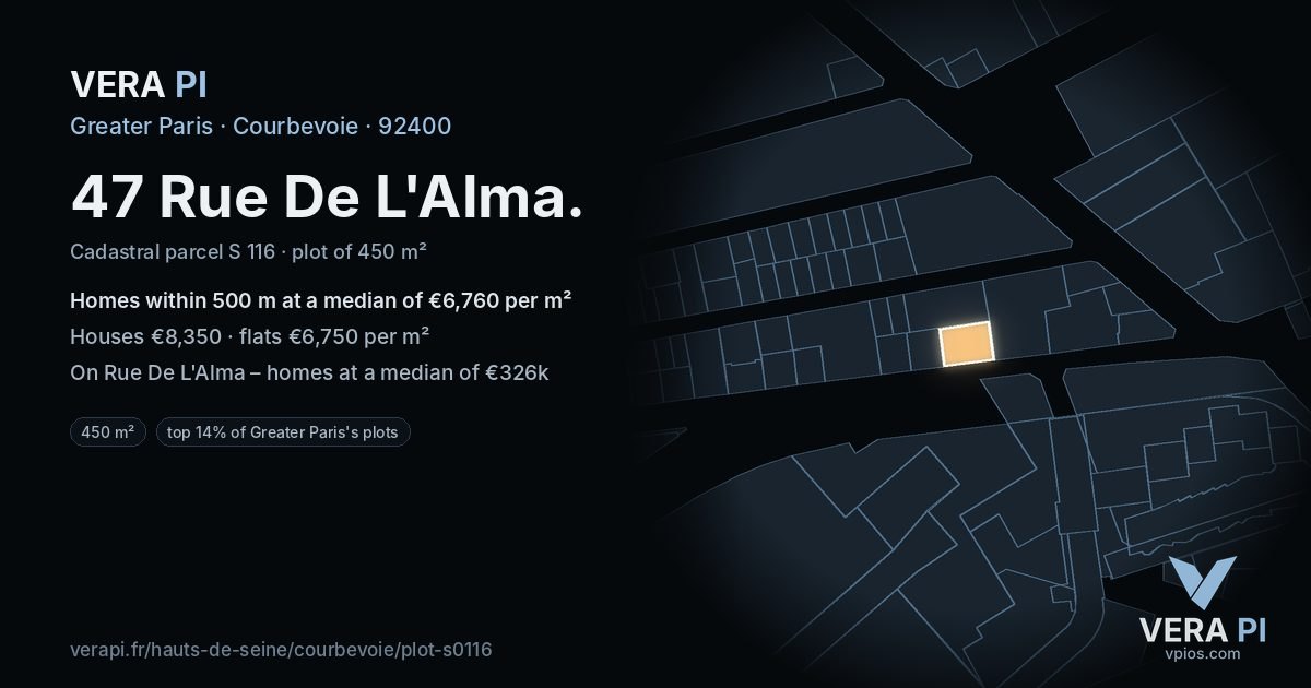 47 Rue De L'Alma, Courbevoie at night – the plot lit, the parcels around coloured by the prices near them
