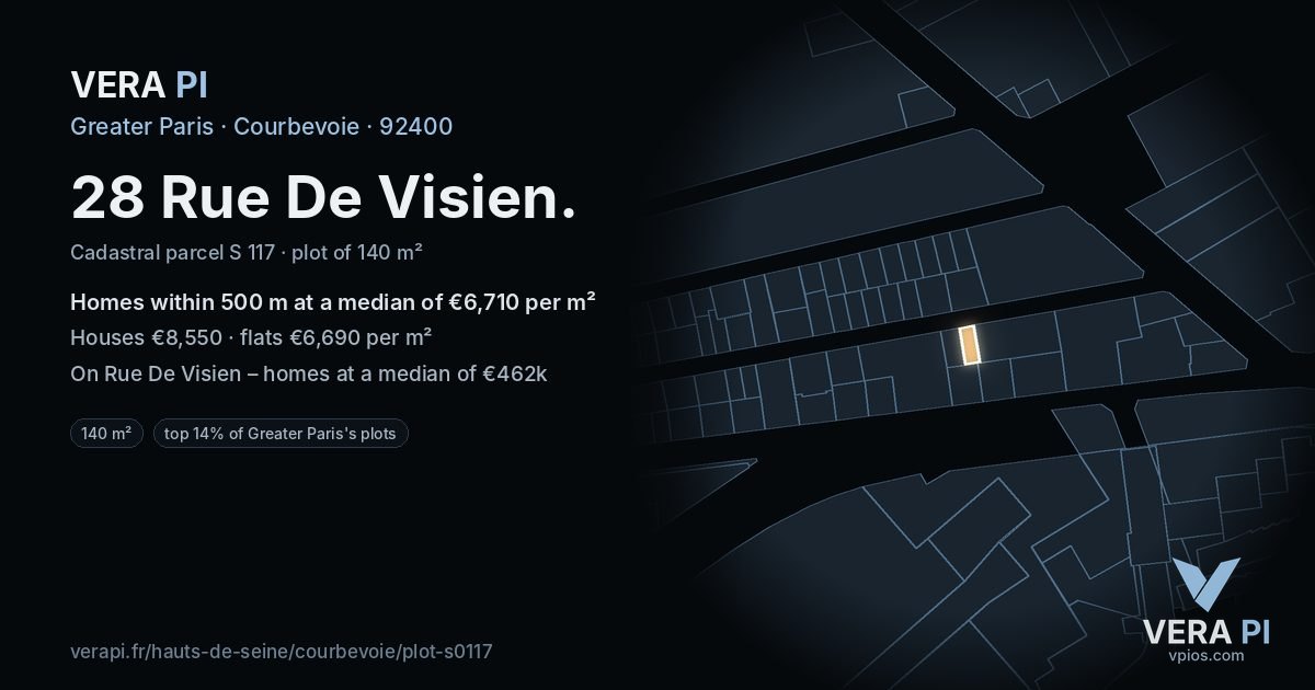 28 Rue De Visien, Courbevoie at night – the plot lit, the parcels around coloured by the prices near them