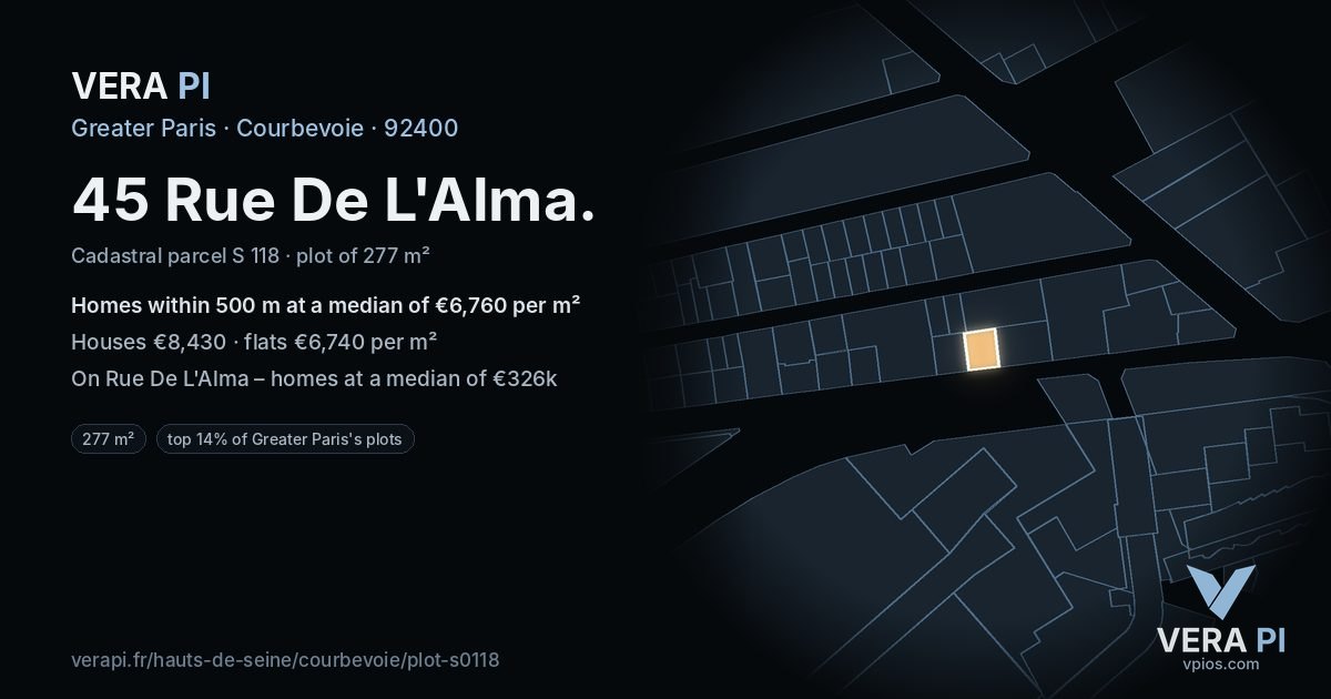 45 Rue De L'Alma, Courbevoie at night – the plot lit, the parcels around coloured by the prices near them
