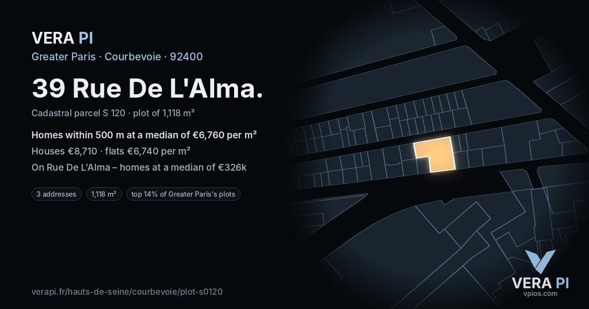 39 Rue De L'Alma, Courbevoie at night – the plot lit, the parcels around coloured by the prices near them
