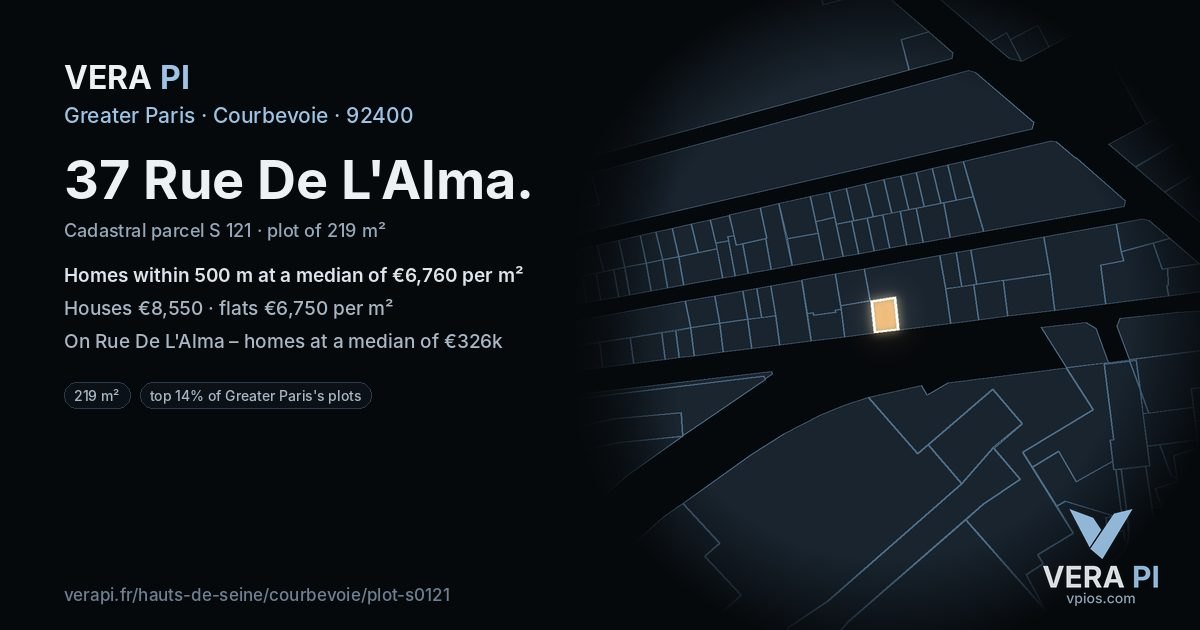 37 Rue De L'Alma, Courbevoie at night – the plot lit, the parcels around coloured by the prices near them