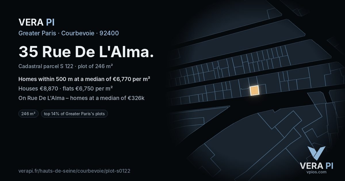 35 Rue De L'Alma, Courbevoie at night – the plot lit, the parcels around coloured by the prices near them