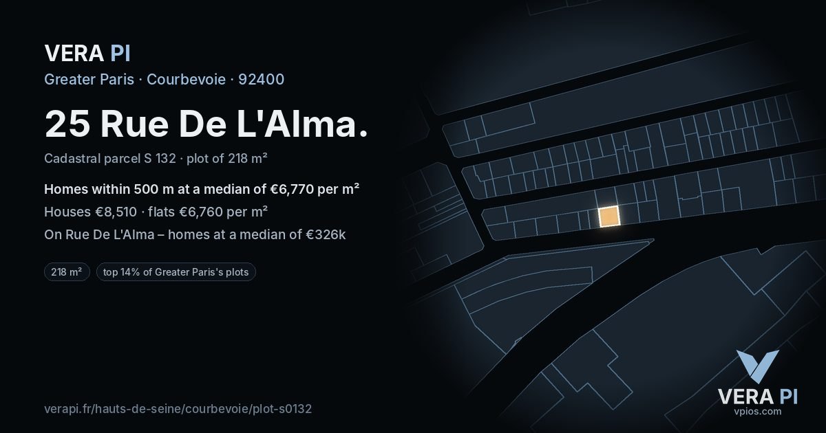 25 Rue De L'Alma, Courbevoie at night – the plot lit, the parcels around coloured by the prices near them