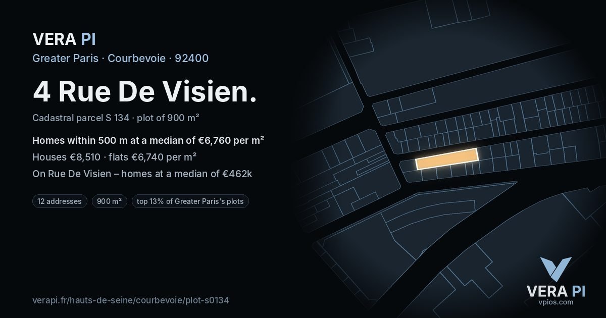 4 Rue De Visien, Courbevoie at night – the plot lit, the parcels around coloured by the prices near them