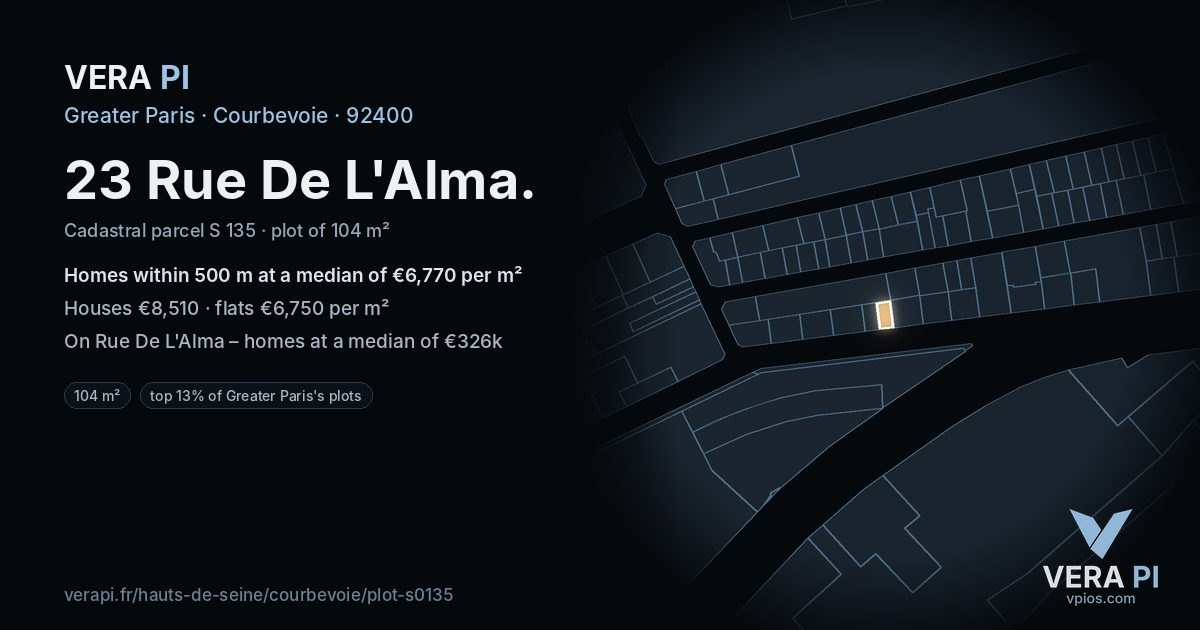 23 Rue De L'Alma, Courbevoie at night – the plot lit, the parcels around coloured by the prices near them