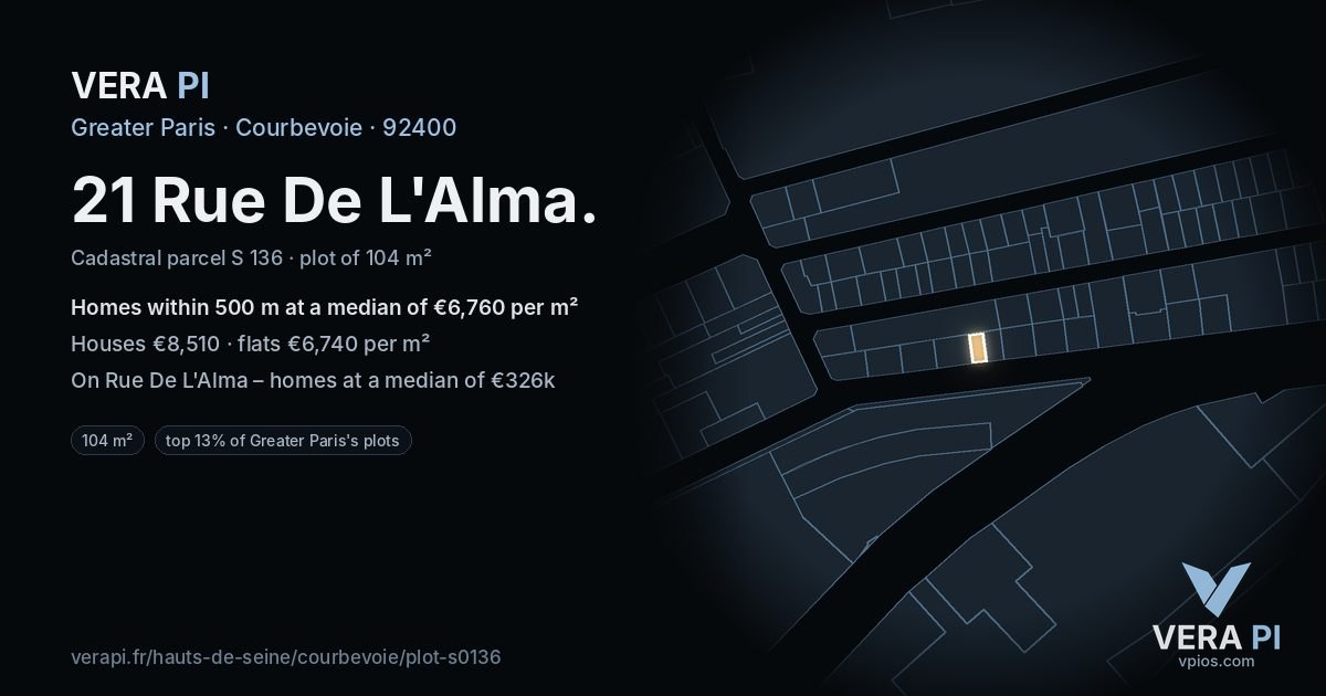 21 Rue De L'Alma, Courbevoie at night – the plot lit, the parcels around coloured by the prices near them