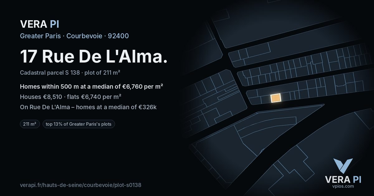 17 Rue De L'Alma, Courbevoie at night – the plot lit, the parcels around coloured by the prices near them