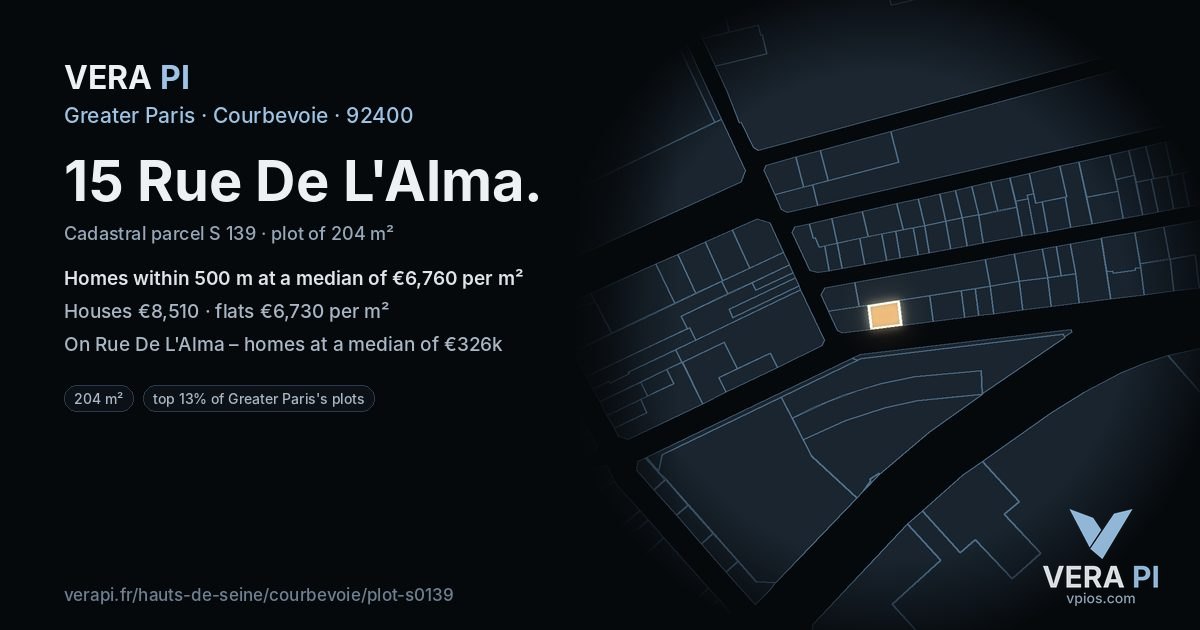 15 Rue De L'Alma, Courbevoie at night – the plot lit, the parcels around coloured by the prices near them