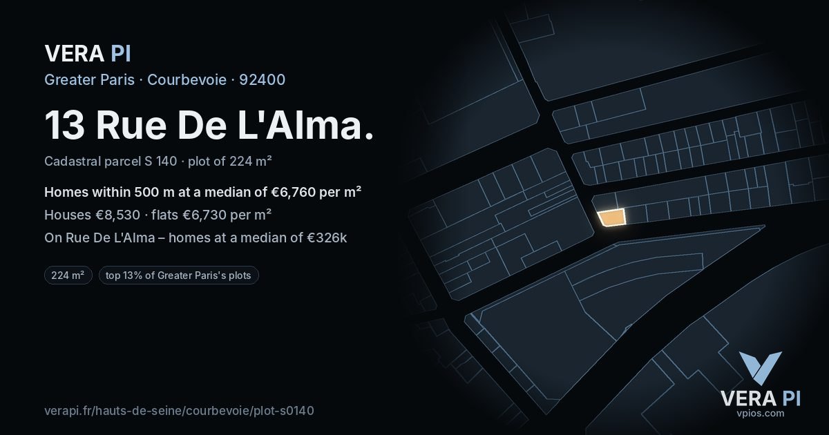 13 Rue De L'Alma, Courbevoie at night – the plot lit, the parcels around coloured by the prices near them