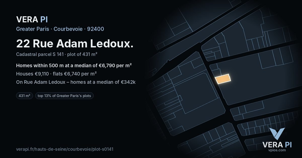 22 Rue Adam Ledoux, Courbevoie at night – the plot lit, the parcels around coloured by the prices near them