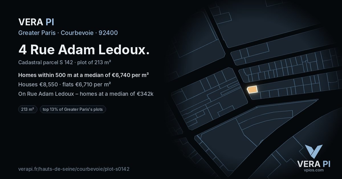 4 Rue Adam Ledoux, Courbevoie at night – the plot lit, the parcels around coloured by the prices near them