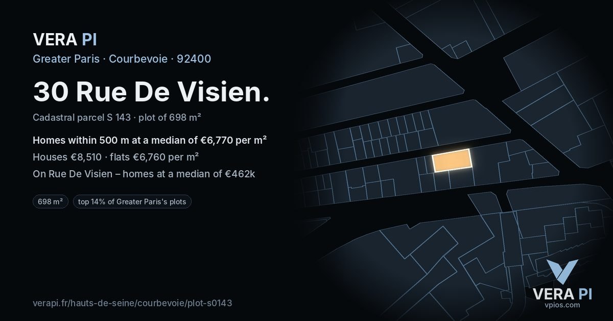 30 Rue De Visien, Courbevoie at night – the plot lit, the parcels around coloured by the prices near them