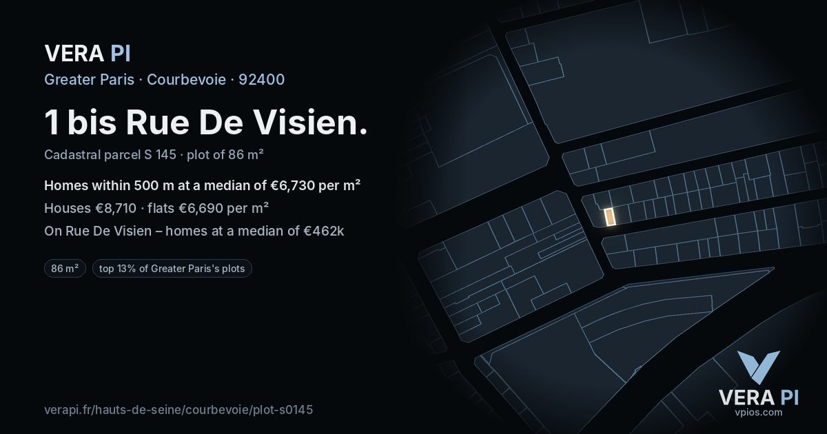 1 bis Rue De Visien, Courbevoie at night – the plot lit, the parcels around coloured by the prices near them