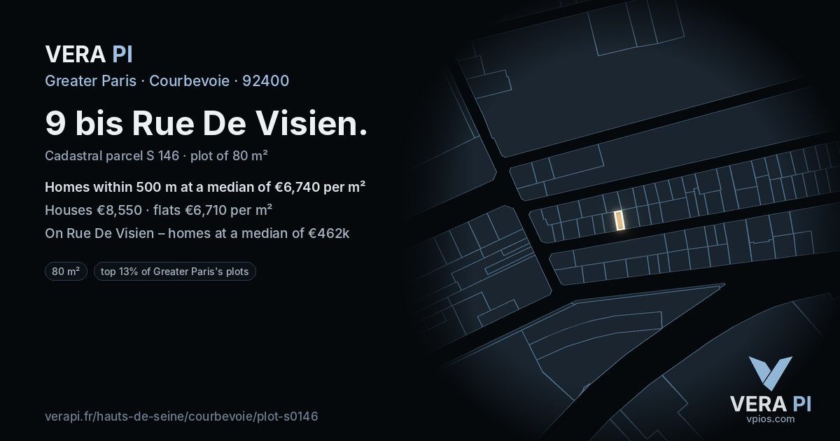 9 bis Rue De Visien, Courbevoie at night – the plot lit, the parcels around coloured by the prices near them
