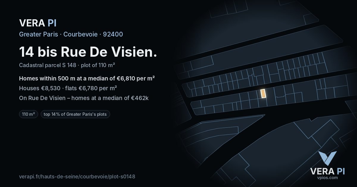 14 bis Rue De Visien, Courbevoie at night – the plot lit, the parcels around coloured by the prices near them