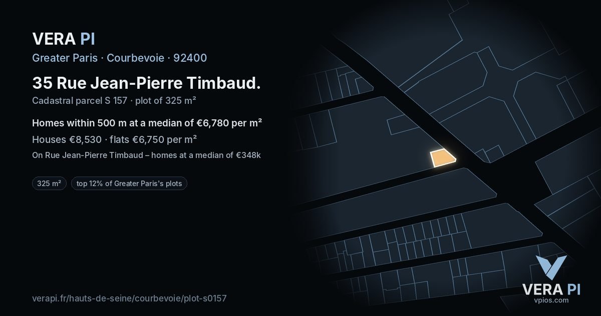35 Rue Jean-Pierre Timbaud, Courbevoie at night – the plot lit, the parcels around coloured by the prices near them