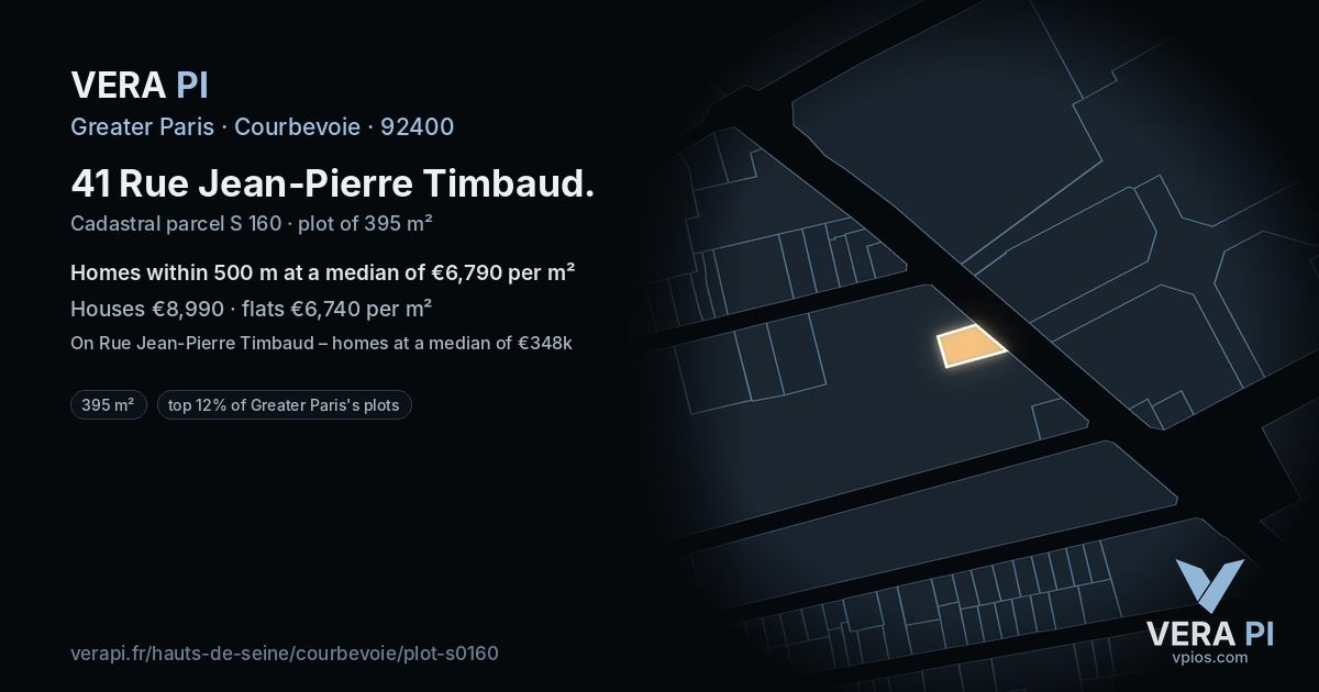 41 Rue Jean-Pierre Timbaud, Courbevoie at night – the plot lit, the parcels around coloured by the prices near them