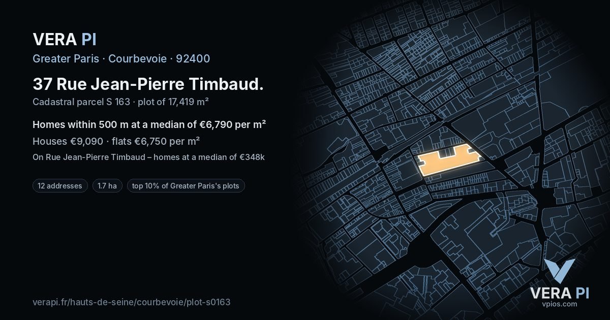 37 Rue Jean-Pierre Timbaud, Courbevoie at night – the plot lit, the parcels around coloured by the prices near them