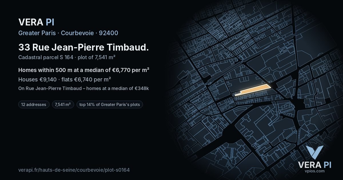 33 Rue Jean-Pierre Timbaud, Courbevoie at night – the plot lit, the parcels around coloured by the prices near them