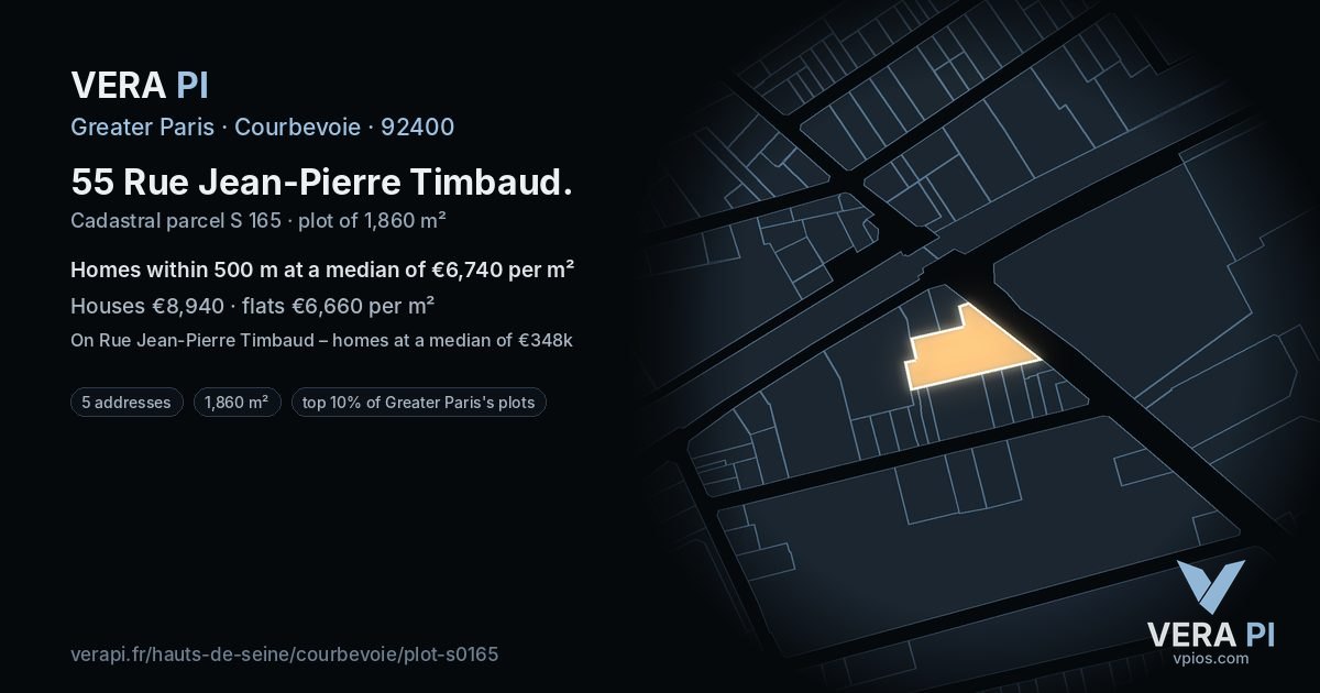 55 Rue Jean-Pierre Timbaud, Courbevoie at night – the plot lit, the parcels around coloured by the prices near them