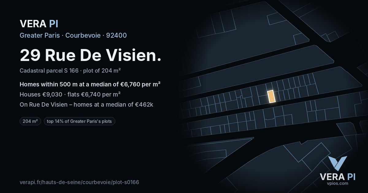 29 Rue De Visien, Courbevoie at night – the plot lit, the parcels around coloured by the prices near them