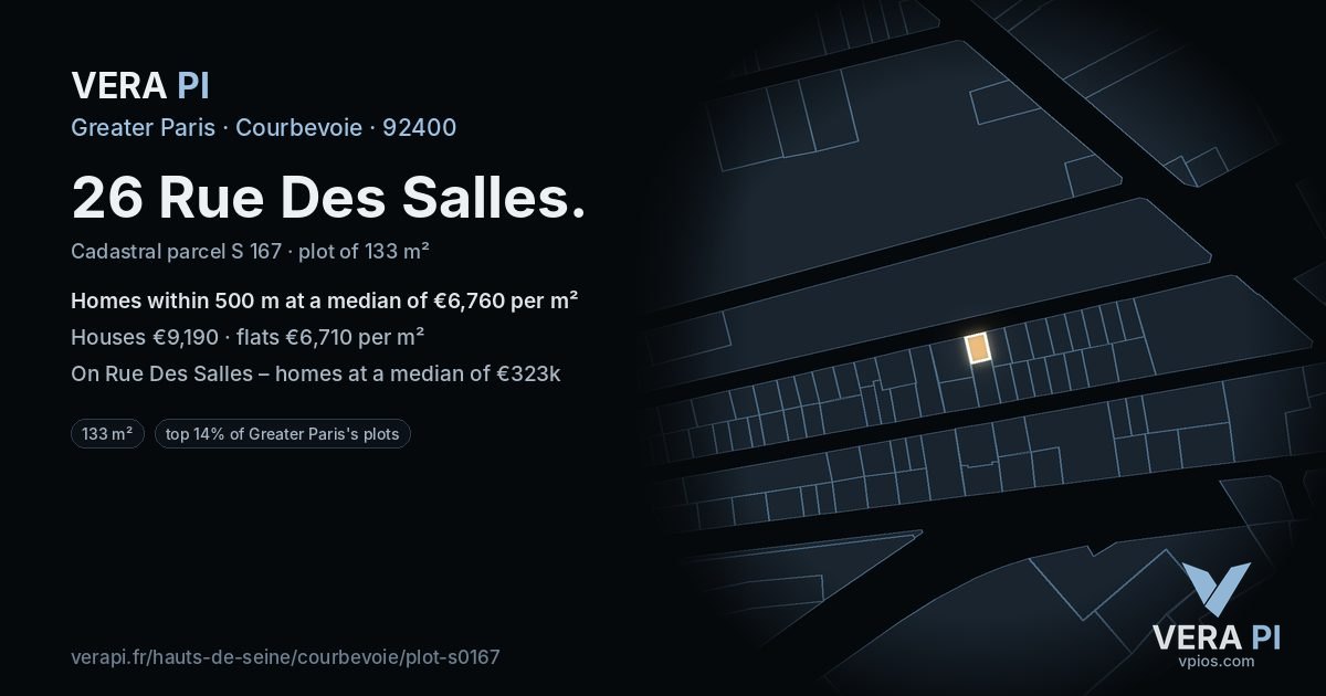 26 Rue Des Salles, Courbevoie at night – the plot lit, the parcels around coloured by the prices near them